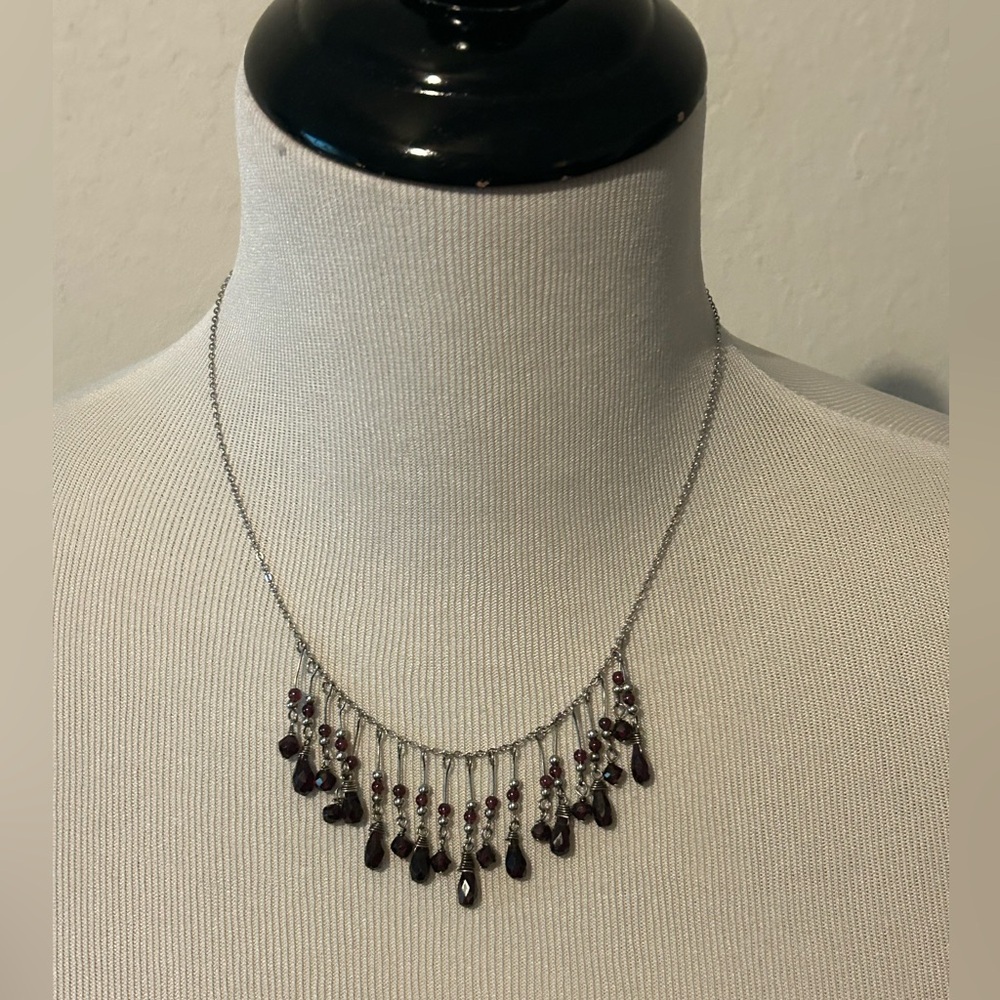 Beautiful LR dark purple beaded necklace 16” with extension marked 925 on clasp